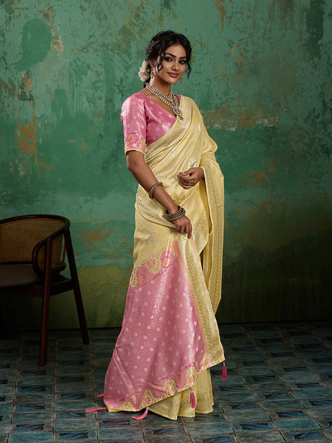 Yellow Linen Cotton Check Saree with Pink Floral Woven Pallu & Blouse Piece
