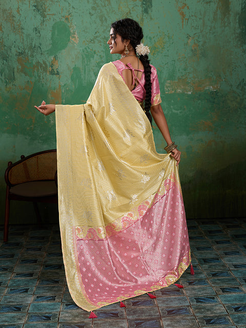 Yellow Linen Cotton Check Saree with Pink Floral Woven Pallu & Blouse Piece