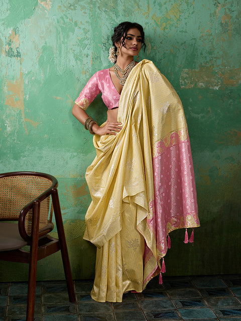 Yellow Linen Cotton Check Saree with Pink Floral Woven Pallu & Blouse Piece