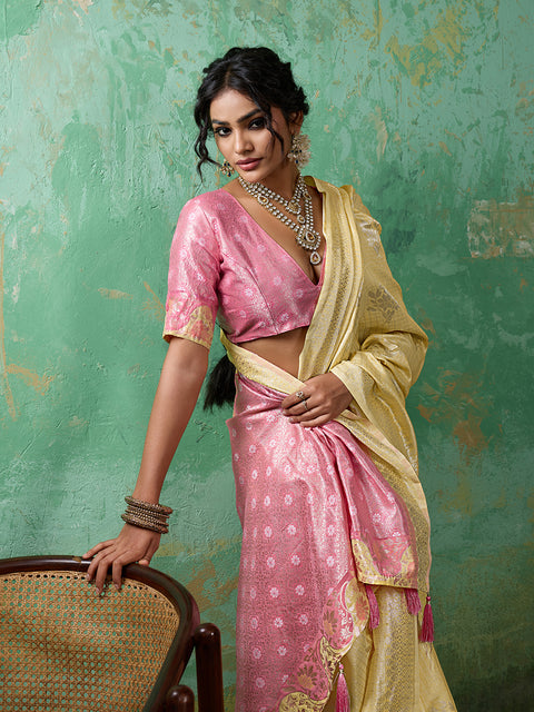Yellow Linen Cotton Check Saree with Pink Floral Woven Pallu & Blouse Piece