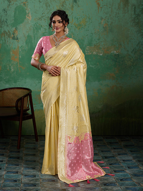 Yellow Linen Cotton Check Saree with Pink Floral Woven Pallu & Blouse Piece