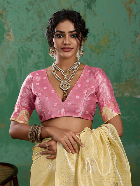 Yellow Linen Cotton Check Saree with Pink Floral Woven Pallu & Blouse Piece
