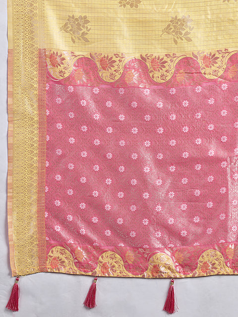 Yellow Linen Cotton Check Saree with Pink Floral Woven Pallu & Blouse Piece