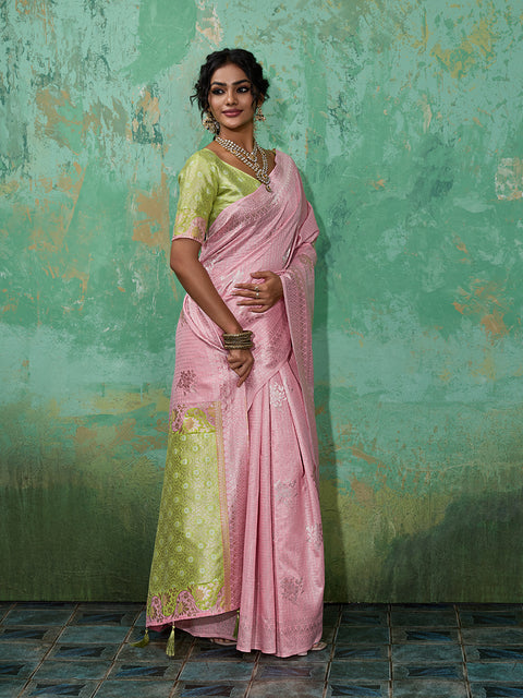 Pink Linen Cotton Check Saree with Green Floral Woven Pallu & Blouse Piece