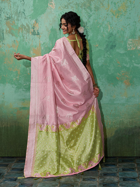 Pink Linen Cotton Check Saree with Green Floral Woven Pallu & Blouse Piece