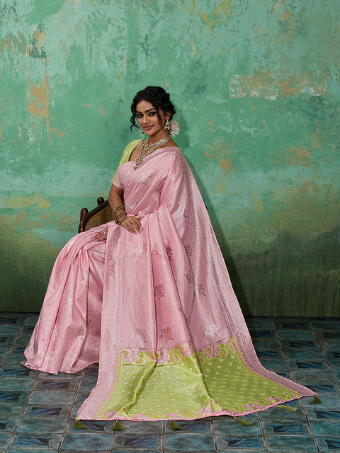 Pink Linen Cotton Check Saree with Green Floral Woven Pallu & Blouse Piece