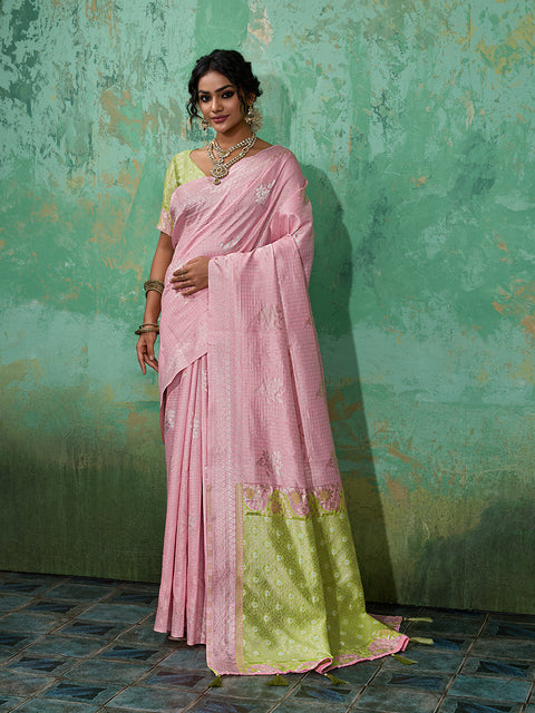 Pink Linen Cotton Check Saree with Green Floral Woven Pallu & Blouse Piece