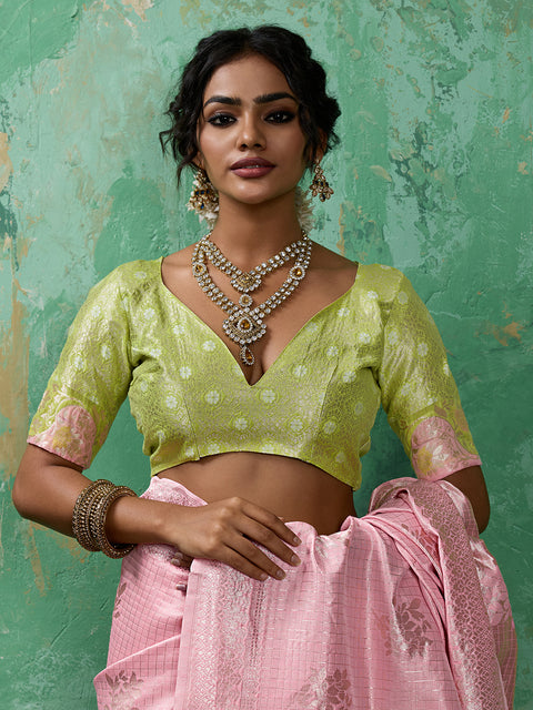 Pink Linen Cotton Check Saree with Green Floral Woven Pallu & Blouse Piece