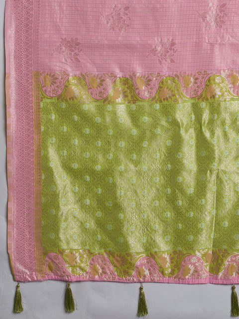 Pink Linen Cotton Check Saree with Green Floral Woven Pallu & Blouse Piece