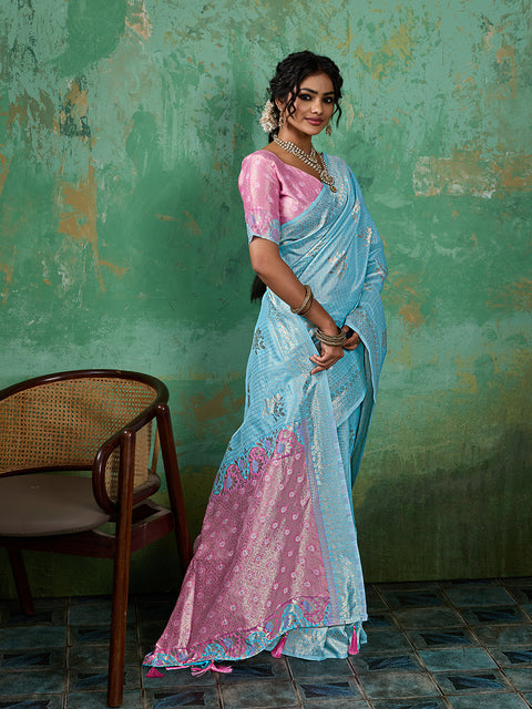 Sky Blue Linen Cotton Check Saree with Pink Floral Woven Pallu & Blouse Piece