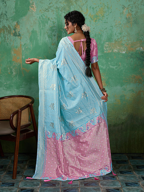 Sky Blue Linen Cotton Check Saree with Pink Floral Woven Pallu & Blouse Piece