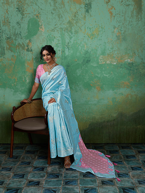Sky Blue Linen Cotton Check Saree with Pink Floral Woven Pallu & Blouse Piece