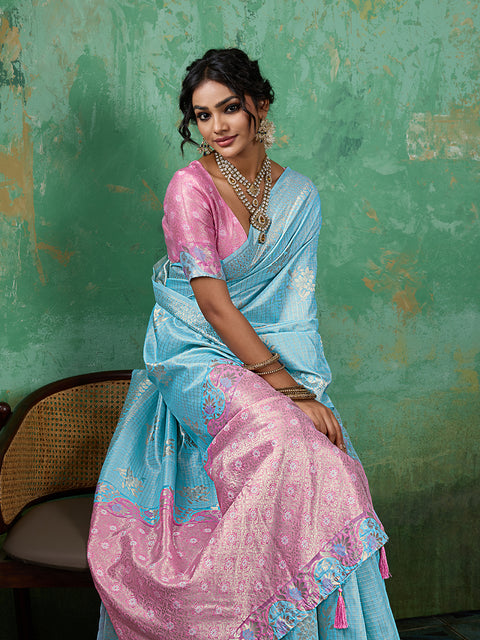 Sky Blue Linen Cotton Check Saree with Pink Floral Woven Pallu & Blouse Piece