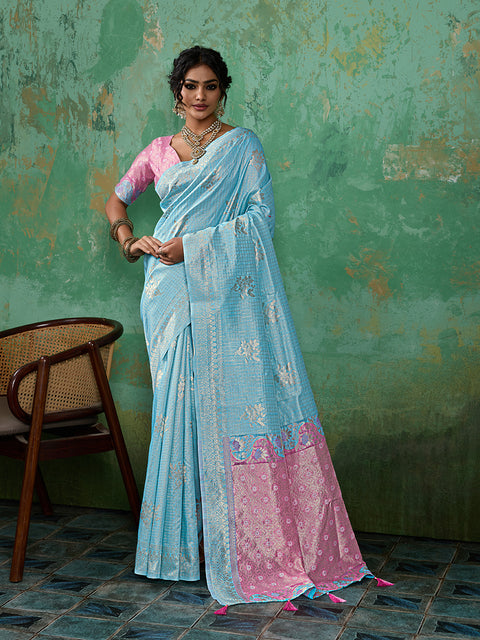 Sky Blue Linen Cotton Check Saree with Pink Floral Woven Pallu & Blouse Piece