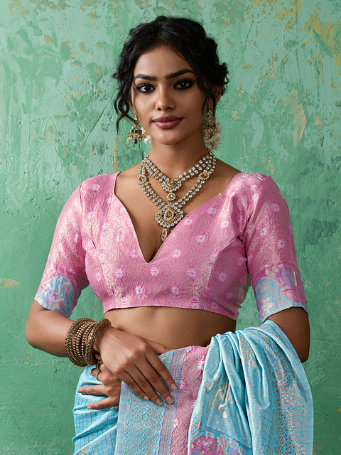 Sky Blue Linen Cotton Check Saree with Pink Floral Woven Pallu & Blouse Piece