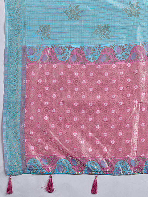 Sky Blue Linen Cotton Check Saree with Pink Floral Woven Pallu & Blouse Piece