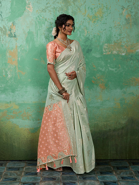 Rama Green Linen Cotton Check Saree with Peach Floral Woven Pallu & Blouse Piece