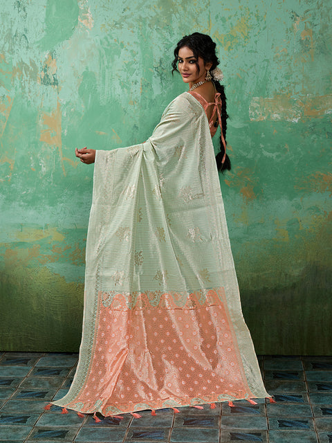 Rama Green Linen Cotton Check Saree with Peach Floral Woven Pallu & Blouse Piece
