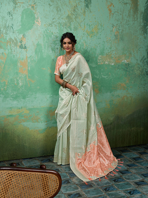 Rama Green Linen Cotton Check Saree with Peach Floral Woven Pallu & Blouse Piece
