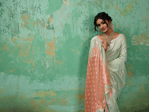 Rama Green Linen Cotton Check Saree with Peach Floral Woven Pallu & Blouse Piece