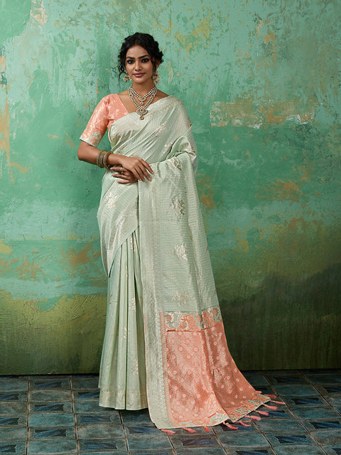 Rama Green Linen Cotton Check Saree with Peach Floral Woven Pallu & Blouse Piece