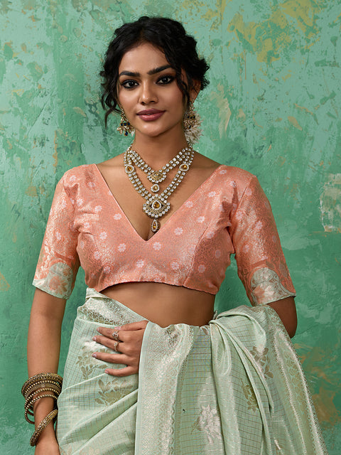 Rama Green Linen Cotton Check Saree with Peach Floral Woven Pallu & Blouse Piece