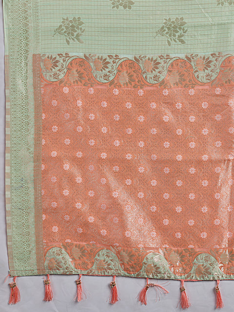 Rama Green Linen Cotton Check Saree with Peach Floral Woven Pallu & Blouse Piece