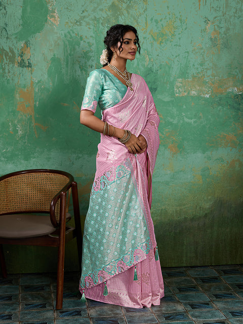 Pink Linen Cotton Check Saree with Rama Green Floral Woven Pallu & Blouse Piece