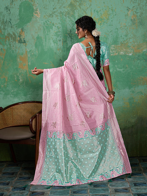Pink Linen Cotton Check Saree with Rama Green Floral Woven Pallu & Blouse Piece