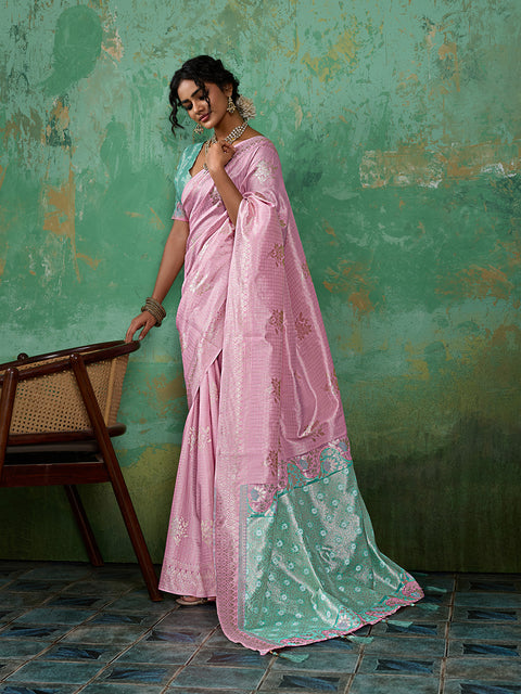 Pink Linen Cotton Check Saree with Rama Green Floral Woven Pallu & Blouse Piece