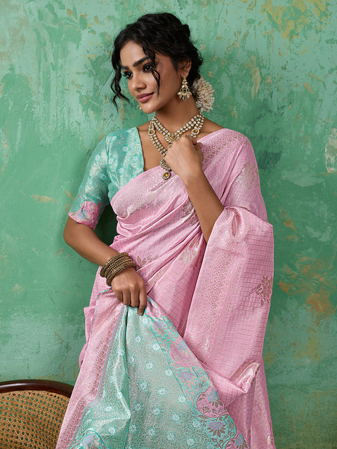 Pink Linen Cotton Check Saree with Rama Green Floral Woven Pallu & Blouse Piece
