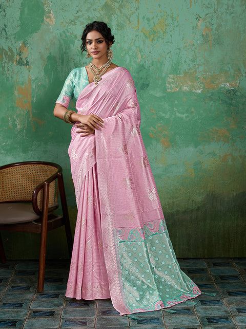 Pink Linen Cotton Check Saree with Rama Green Floral Woven Pallu & Blouse Piece