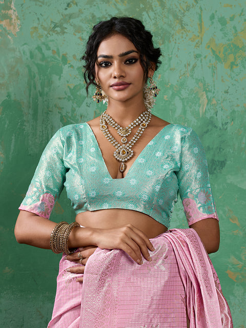 Pink Linen Cotton Check Saree with Rama Green Floral Woven Pallu & Blouse Piece