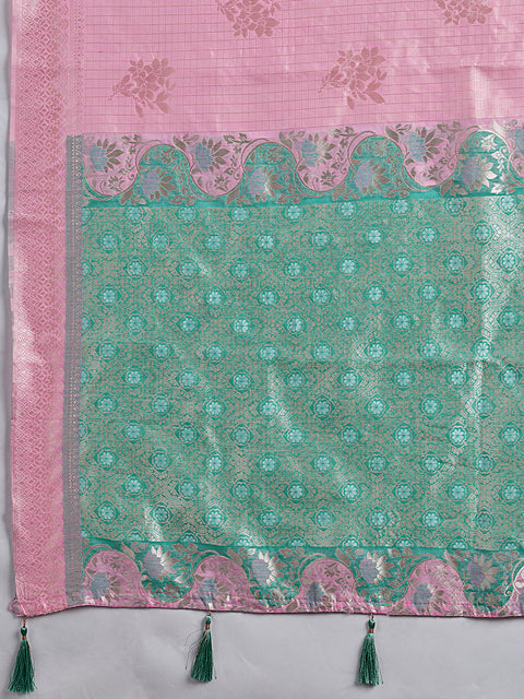 Pink Linen Cotton Check Saree with Rama Green Floral Woven Pallu & Blouse Piece