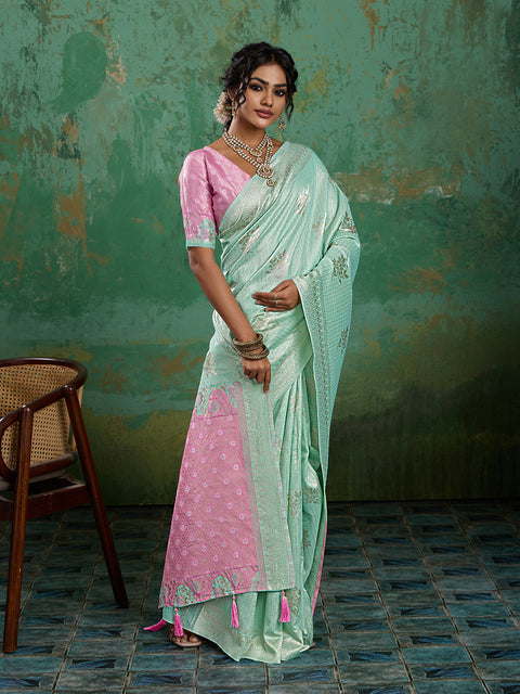 Rama Green Linen Cotton Check Saree with Pink Floral Woven Pallu & Blouse Piece