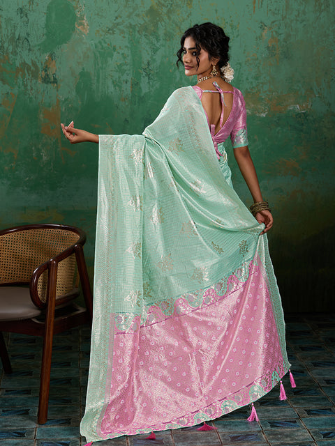 Rama Green Linen Cotton Check Saree with Pink Floral Woven Pallu & Blouse Piece