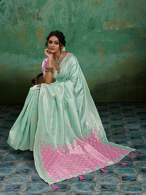 Rama Green Linen Cotton Check Saree with Pink Floral Woven Pallu & Blouse Piece