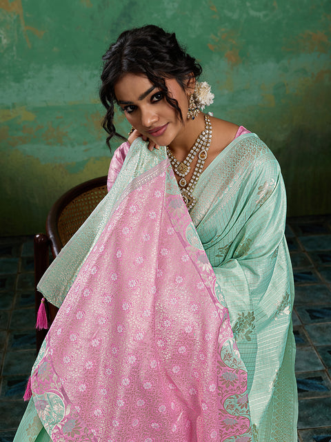 Rama Green Linen Cotton Check Saree with Pink Floral Woven Pallu & Blouse Piece