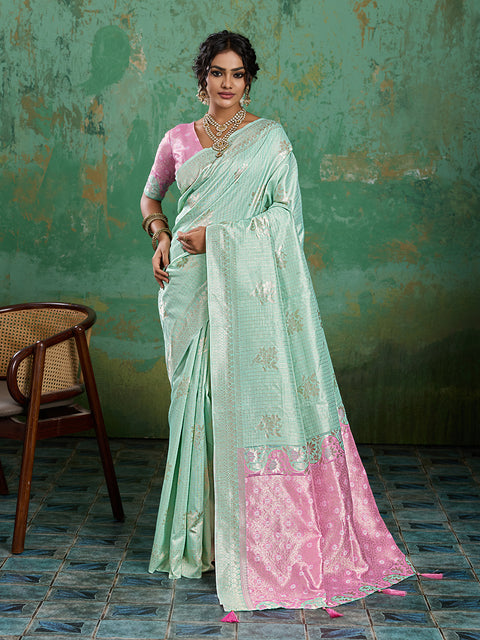 Rama Green Linen Cotton Check Saree with Pink Floral Woven Pallu & Blouse Piece
