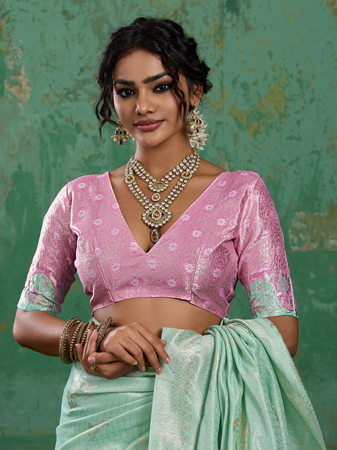 Rama Green Linen Cotton Check Saree with Pink Floral Woven Pallu & Blouse Piece