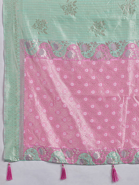 Rama Green Linen Cotton Check Saree with Pink Floral Woven Pallu & Blouse Piece