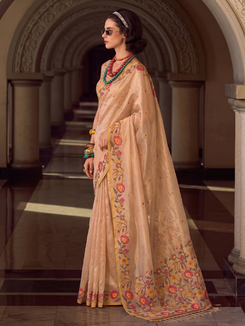 Beige Tissue Silk Floral Woven Saree