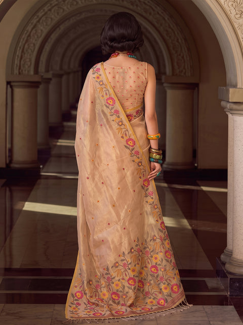 Beige Tissue Silk Floral Woven Saree