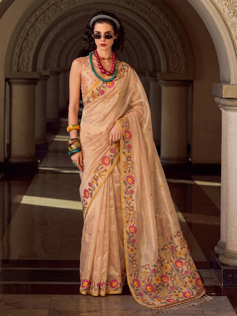 Beige Tissue Silk Floral Woven Saree
