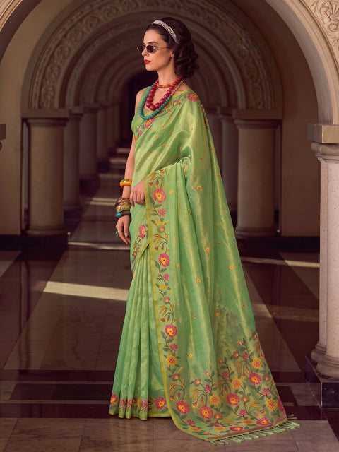 Light Green Tissue Silk Floral Woven Saree
