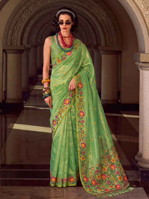 Light Green Tissue Silk Floral Woven Saree