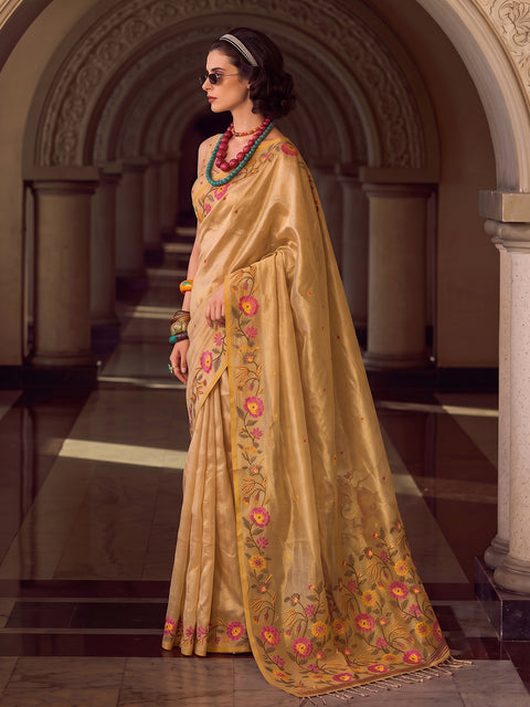 Golden Tissue Silk Floral Woven Saree