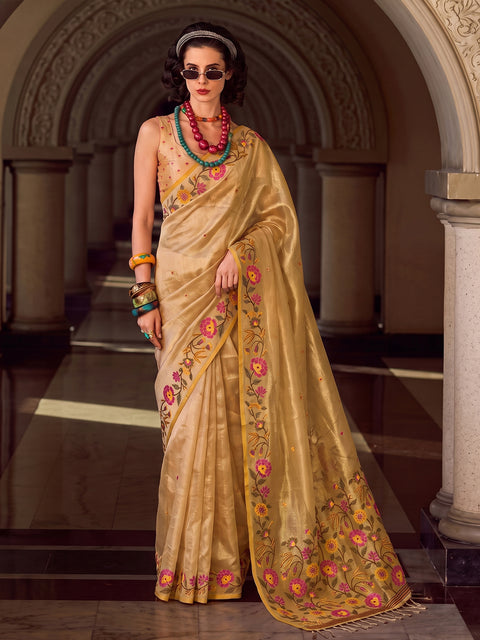 Golden Tissue Silk Floral Woven Saree