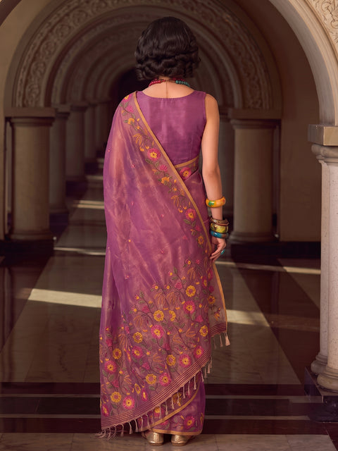 Dark Pink Tissue Silk Floral Woven Saree