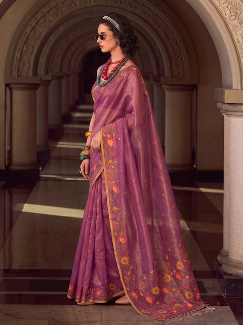 Dark Pink Tissue Silk Floral Woven Saree